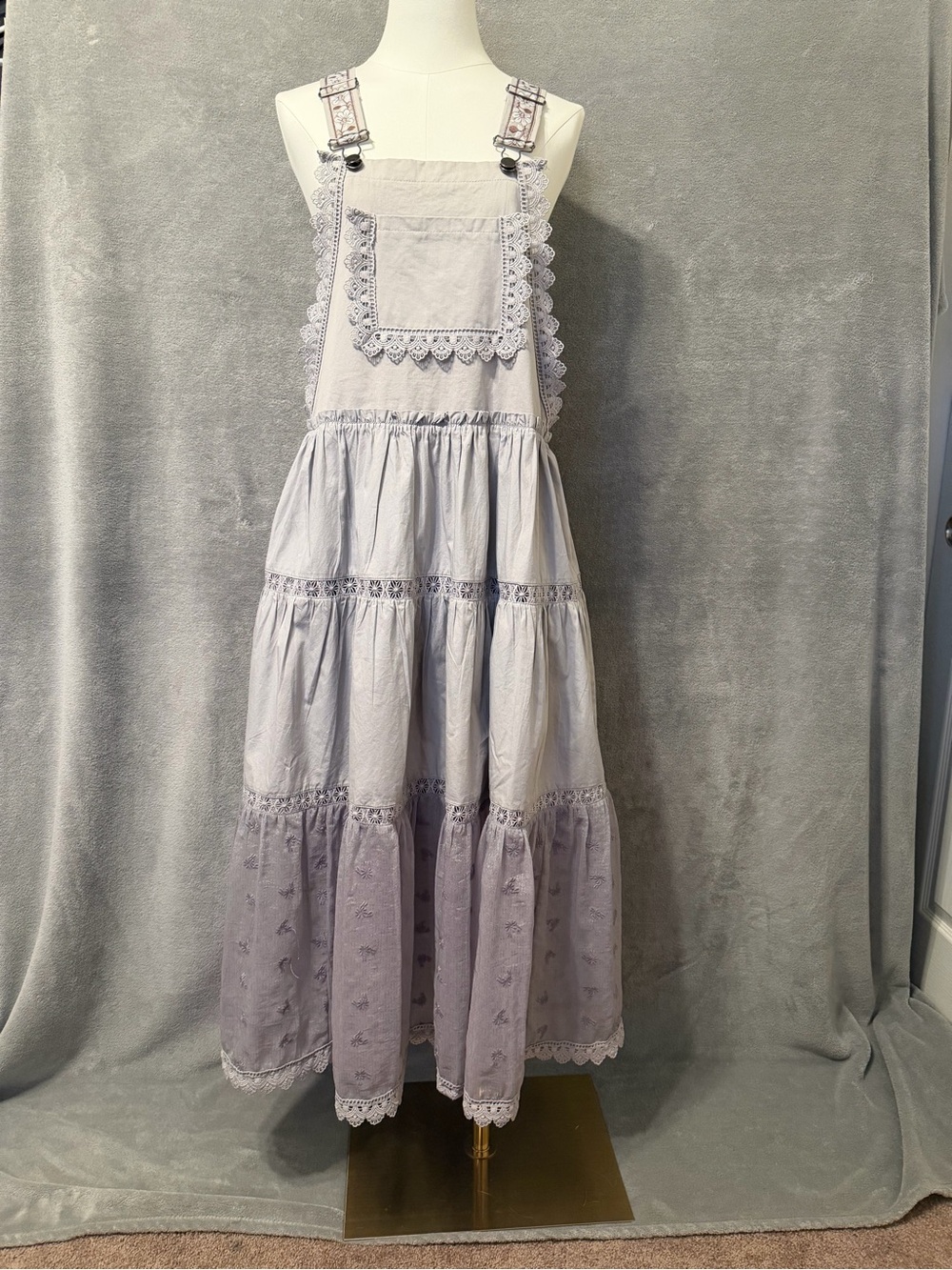 Listicle Tiered Women's Gray/Lilac Overall Maxi Boho Lace Embroidered Dress S M